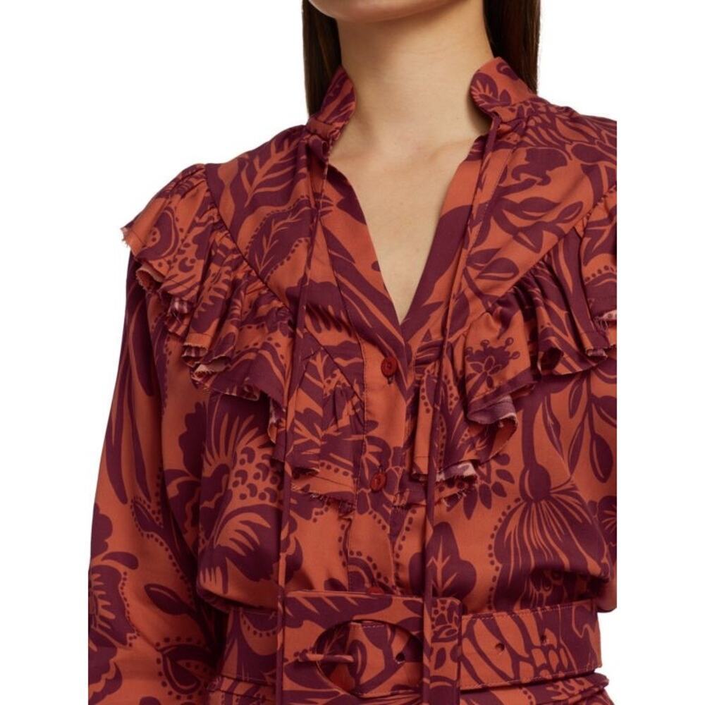 Johanna Ortiz Dreams Of Orient Ruffle Bib Blouse Red Orange Size 4 - Picture 7 of 16